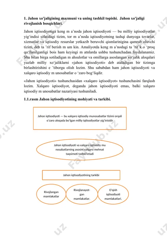 aloqada bo‘lgan milliy iqtisodiyotlar yig‘inisidir jahon iqtisodiyoti va xalqaro iqtisodiy mu nosabatlarning asosini xalqaro mehnat taqsimoti tashkil etadi rivojlanganmamlakatlar o’qish iqtisodiyoti mamlakatlari. jahon iqtisodiyotining tarkibi rivojlanayot-gan mamlakatlar. jahon xo'jaligi tizimini sodda liolda uning tarkibiy qismlari yoki asosiy qatnashchilari — subyekth rid an iborat mexanizm ko‘rinishida ifodalash mumkin. ushbu subyektlarning asosiylari milliy iqtisodiyotlar, transmilliy korporatsiyalar (tm k), integratsion birlashmalar, xalqaro iqtisodiy tashkilotlar hisoblanadi. milliy iqtisodiyotlar jahon iqtisodiyotining m uhim subyekti sanaladi. milliy iqtisodiyotlarga xos asosiy xususiyat shunchaki, dunyoning aksariyat mamlakatlari iqtisodiy suverenitetni saqlab kelishmoqda. jahon xo'jaligining shakllanish jarayoni amalda kishilik jamiyatining jami tarixini o‘z ichiga oladi. chunki u ishlab chiqarish kuchlarining necha ming yillar davomidagi evolutsiyasining natijasidir. jahon xo'jaligining shakllanishi va rivojlanishi jarayonlarini o‘ziga xos xususiyatlar bilan ifodalanuvchi ayrim bosqichlarga taqsimlash mumkin. birinchi va eng uzoq davrni o‘z ichiga olgan jahon xo‘jaligi belgilari va regional xususiyatlari shakllana boshlagan bosqich buyuk geografik kafishfiyotlar davrigacha davom etgan. buyuk geografik kashfiyotlar natijasida xalqaro savdo …