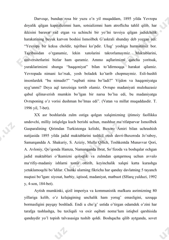 adid maktablarini tashkil etish davri-buxoroda jo’raboy, samarqandda a. shakuriy, s. aziziy, mulla qilich, toshkentda munavvar qori, a. avloniy, qo’qonda hamza, namanganda ibrat, so’fizoda va boshqalar ochgan jadid maktablari o’lkamizni qoloqlik va zulmdan qutqarmoq uchun avvalo ma‘rifiy-madaniy ishlarni tomir ottirib, keyinchalik xalqni katta kurashga yetaklamoqchi bo’ldilar. chunki ularning fikricha har qanday davlatning 5 tayanch nuqtasi bo’lgan: siyosat, harbiy, iqtisod, madaniyat, matbuot (sharq yulduzi, 1992 y, 4-son, 184-bet). aytish mumkinki, qizil imperiya va kommunistik mafkura asrimizning 80 yillariga kelib, o’z kelajagining unchalik ham yorug’ emasligini, uzoqqa bormasligini payqay boshladi. endi u cho’g’ ustida o’tirgan odamdek o’zini har tarafga tashlashga, bu taxliqali va oxir oqibati noma‘lum istiqbol qarshisida qandaydir yo’l topish talvasasiga tushib qoldi. boshqacha qilib aytganda, sovet tuzumi o’z haqini, insoniy sha‘ni va yashash huquqini talab qila boshlagan odamlarning qudratli to’lqiniga duch kelgan, bu to’lqin uni g’arq qilib yuborishi hech gap emas edi. shu bois u cho’kyotgan kimsa kabi “xasta ham, hashakka …
