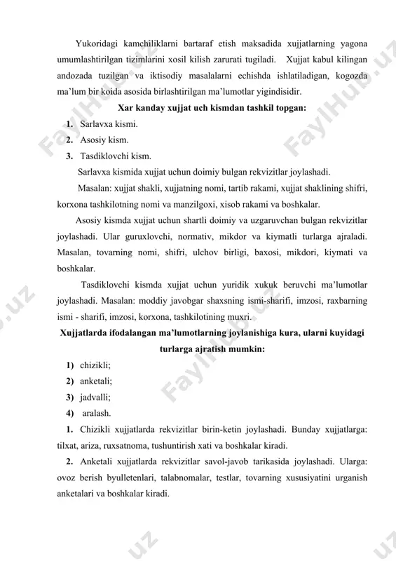 shaxsiy xisob varakasi, tovar transport nakladnoyi va boshkalar. xujjatlar asosiy kismga karab, bir katorli va kup katorli xujjatlarga bulinadi. bir katorli xujjatlarga, ruxsatnoma, ariza, tilxat va boshkalar kiradi. kup katorli xujjatlarda bir necha ma’lumotlar ifodalanadi va ularni tugridan-tugri exmning xotirasiga joylashtirish kiyin, chunki xar bir ma’lumot exm xotirasining ma’lum bir kismini egallaydi. exm xotirasiga kuprok ma’lumotlarni joylashtirish maksadida tizimlar yaratilgan. berilgan ma’lumotlarni uzgartirish jarayoni ixchamlashtirish (shifrlash), xosil bulgan belgi esa, shifr deb ataladi. xar bir shifr berilgan ma’lumotlar asosida aniklanib, uning razryadi, ya’ni shifr kattaligi topiladi. axborotni ixchamlashtirishda kuyidagi tizimlardan foydalaniladi: 1) tartibli tizim; 2) tartibli seriyali tizim; 3) unlik tizim; 4) takrorlanuvchi tizim; 5) jadvalli tizim; 6) aralash tizim. ma’lumotning identifikatori aniklangandan sung, uning xarakterini ifodalashda kuyidagi belgilardan foydalaniladi: s - belgili ma’lumotlarni ifodalash uchun yoki masalani natijasiga ta’sir etmaydigan ma’lumotlarni belgilashda ishlatiladi. n - rakamli yoki masalaning natijasini olish imkonini beruvchi ma’lumotlarni belgilashda ishlatiladi. d - sonlarni ifodalashda …