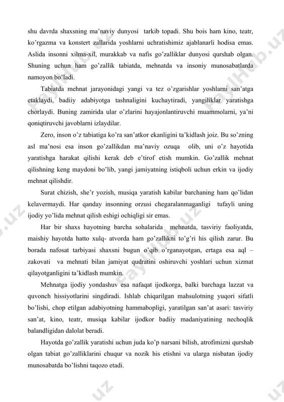 abatda bo’lish tariqasida yuzaga keladi. zero estetika voqelikdagi go’zallikni, inson amaliy faoliyatining barcha sohalarida ya’ni mehnat, maishiy hayot, alohida esa san’atdagi badiiy ijodning umumiy qonunlarini o’rganadi. estetika shuningdek boshqa fanlarni ham estetik jihatdan o’rganishni taqozo etadi. ular aniq fanlar bo’lib, texnika, musiqa, badiiy adabiyot, san’at tarixi, me’morchilik, dizayn kabilarni o’z ichiga oladi. muhimi estetika bilan barcha kasbdagi, hamma yoshdagi kishilar qiziqadilar. biz tevarak-atrofimizdagi narsa va voqealarga ma’naviy, falsafiy hatto siyosiy jihatdan nazar tashlab, ularga estetik jihatdan ham baho beramiz. bunday baholash “go’zal - nafis” yoki “xunuk” kabi iboralar bilan qayd g’ilinadi. kishi o’zi yashayotgan jamiyat haqida yuqorida keltirilgan iboralar orqali o’zining estetik munosabatlarini ifodalaydi. demak, inson tevarak atrofda ro’y berayotgan hodisaga befarq qolmaydi. shuningdek hayotda, san’atda ijodkor bo’lib etishgan shaxs har bir narsaga ijodiy munosabatda bo’lib, o’zining mehnati bilan chiroylilik hissiyotlarini qo’shadi, hammaga estetik zavq bag’ishlay olgan va oladi. bunday holatni oddiy mehnat qurollaridan boshlab, maishiy turmush buyumlarida kuzatish tabiiydir. …