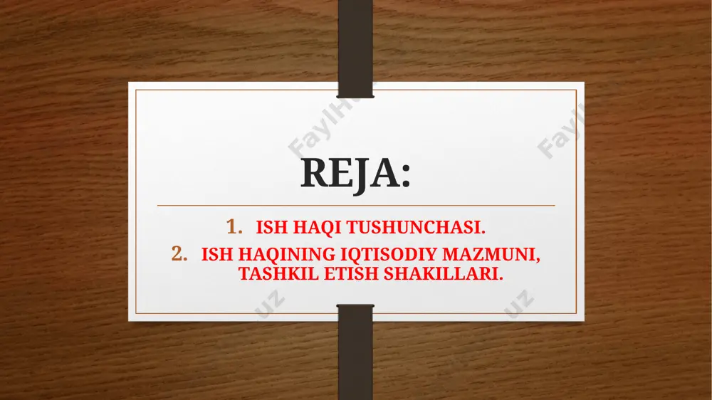 qa sharoitlar bir xil boʻlganda, nominal ish haqiga toʻgʻri mutanosibdir va isteʼmol buyumlari va xizmatlar narxining darajasiga teskari mutanosibdir. ish haqi stavkasi odatda, mehnat bozorida ish kuchiga muvozanatli narx shakllanadi. bu narx ish haqi yoki ish haqi stavkasi deb ataladi. mehnat birligining bozor narxi ish haqi miqdori (stavkasi) boʻlib, lavozim okladi tarzida yoki shartnomaga muvofiq belgilab qoʻyiladi, lekin mamlakatda qonun bilan belgilangan eng kam ish haqi darajasidan oz boʻlishi mumkin emas. shuningdek, ish haqi miqdori muayyan vaqt birligi (soat, kun, hafta, oy) ichida bajariladigan va muayyan kasb-malaka xususiyatlariga ega boʻlgan mehnatga toʻlanadigan haq darajasini belgilaydi. moliya vazirligi ma’lumotiga ko’ra, 2022-yil 1- iyundan: bazaviy hisoblash miqdori- oyiga 300000 so’m mehnatga haq to’lashning eng kam miqdori-oyiga 920000 so’m etib belgilandi. ish haqining vazifasi ish haqining asosiy vazifasi ishlab chiqarishning bevosita qatnashchisi boʻlgan xodim hamda uning oila aʼzolarining hayot va mehnat faoliyati sharoitlarini taʼminlashidan iborat. qiymatning mehnat nazariyasi ish kuchini alohida, oʻziga xos …