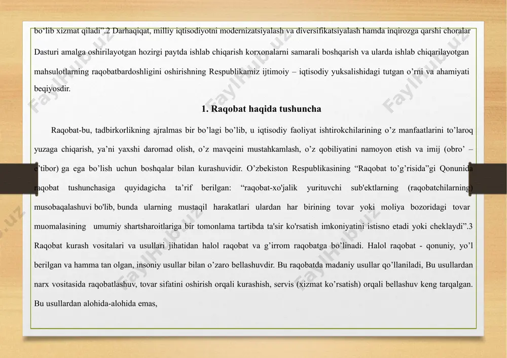 qobatchi imtiyozli raqobatchi deb ataladi.raqobatchining nisbiy afzalligi turli omillar bilan belgilanadi. umuman olganda, bu omillarni ular vujudga keltiradigan ichki va tashqi afzalliklardan kelib chiqqan holda ikki keng toifaga ajratish mumkin. agar raqobatli afzallik tovarning ajralib turuvchi sifatlariga asoslangan bo`lsa, u tashqi afzallik deb ataladi, bu sifatlar xarajatlarning qisqartirilishi yoki samaradorlikning oshirilishi hisobiga xaridor uchun qiymatli bo`ladi.binobarin, tashqi raqobatli afzallik firmaning bozor qudratini oshiradi, ya'ni u bozorni imtiyozli raqobatchidagiga nisbatan yuqoriroq sotish narxlarini qabul qilishga majbur qila oladi, chunki raqobatchi bunday ajralib turuvchi sifatlarni taklif eta olmaydi.tashqi raqobatli afzallikdan kelib chiqadigan strategiya differensiatsiya strategiyasi bo`lib, bu strategiya firmaning marketing sohasidagi nou-xausiga, uning mavjud tovarlardan norozi bo`lgan xaridorlarning istaklarini aniqlash va qondirishdagi afzalligiga tayanadi. agar raqobatli afzallik firmaning ishlab chiqarish xarajatlari, firmani boshqarishdagi afzalligiga yoki raqobatchidan ko`ra kamroq tannarxga erishishga imkon beruvchi va ishlab chiqaruvchi uchun qiymat hosil qiluvchi tovarga asoslangan bo`lsa, bunday afzallik ichki afzallik deb ataladi.ichki raqobatli afzallikfirmaga ko`proq rentabellik …