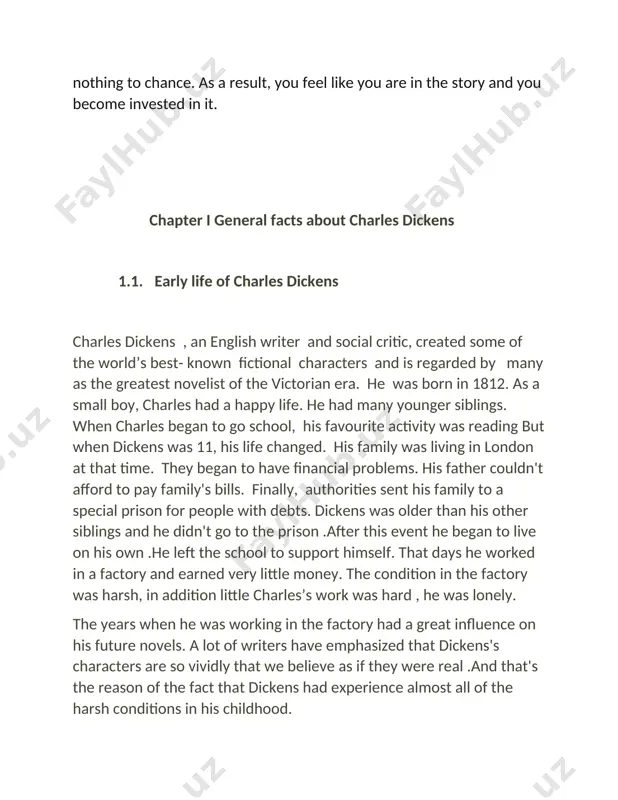 by satire and his marked show of caricature. another important thing to be noticed in dickens’ writing is the catchy names that he had used in his novels. 1.2. charles dickens’s contribution to the genre of fiction dickens is remembered as one of the most important influential writers of the 19th century. among his accomplishments, he has been lauded for providing a stark portrait of the victorian-era underclass, helping to bring about social change. the chief technical features of dickens’s fiction were also formed by this success. serial publication encouraged the use of multiple plot and required that each episode be individually shaped. at the same time it produced an unprecedentedly close relationship between author and reader. part dramatist, part journalist, part mythmaker, and part wit, dickens took the picaresque tradition of smollett and fielding and gave it a shakespearean vigour and variety. his early novels have been attacked at …