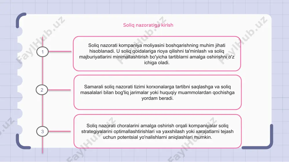 eng yaxshi amaliyotlarga amal qilgan holda, kompaniyalar soliq majburiyatlarini proaktif ravishda boshqarishi va jarimalar va obro'ga putur etkazmasliklari mumkin. soliq tavakkalchiligini tushunish samarali soliq nazorati uchun soliq risklarini tushunish juda muhimdir. soliq tavakkalchiligi turli omillar, masalan, soliq qonunlari va qoidalaridagi o'zgarishlar natijasida yuzaga kelishi mumkin. tadbirkorlik subyektlari o‘zlarining soliq risklari haqida aniq tushunchaga ega bo‘lishlari va ularni boshqarish va kamaytirish bo‘yicha faol chora-tadbirlarni amalga oshirishlari zarur. soliq nazorati tizimini ishlab chiqish soliq nazorati asosi (tcf) soliq risklarini boshqarish va kamaytirish uchun mo'ljallangan siyosat va protseduralar to'plamidir. bu tashkilotlarga soliq tavakkalchiligini aniqlash, baholash va nazorat qilish hamda soliq qonunchiligi va qoidalariga rioya etilishini ta'minlash tizimini yaratishga yordam beradi. tcfni ishlab chiqish soliq boshqaruvi tuzilmasini yaratish, xavflarni baholash, nazoratni amalga oshirish va tizimning samaradorligini monitoring qilish va baholashni o'z ichiga oladi. 1 2 3 soliq nazorati chora-tadbirlarini amalga oshirish soliq nazorati chora-tadbirlarini amalga oshirish soliq qoidalariga rioya qilishni ta'minlash va soliq jazolari …