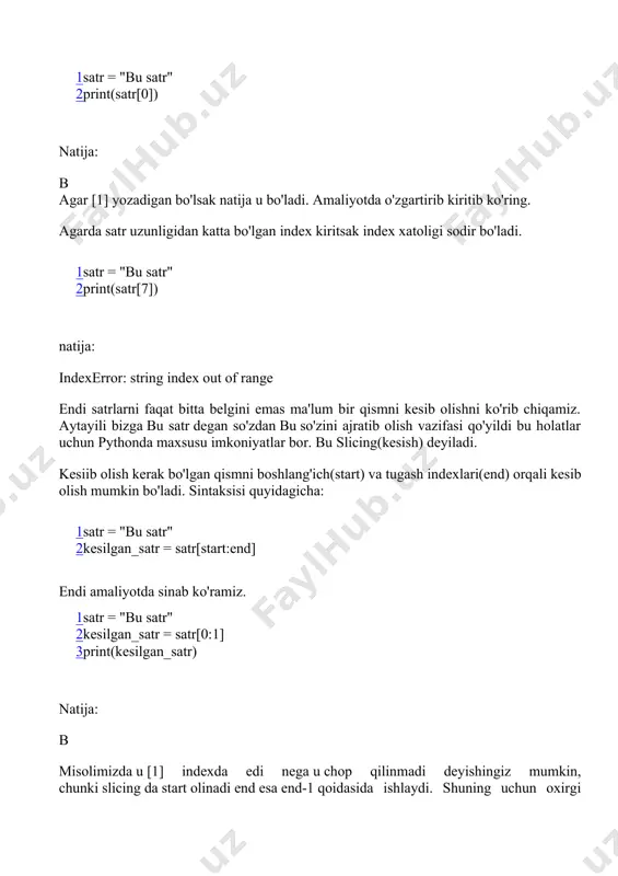 zni katta harflar bilan kiriting: ") email = input("emailingizni kiriting: ") print("fish:", fish.upper()) print("e-mail", email.lower()) natija: ismingizni katta harflar bilan kiriting: sardor emailingizni kiriting: sardor@gmail.com fish: sardor e-mail sardor@gmail.com satrni formatlash satrlani formatlash uchun pythonda format funksiyasi va f"" sintaksisi mavjud. f"" sintaksisidan quyidagi tartibda foydalanish mumkin: 1 2 3 4 fish = input("ismingizni katta harflar bilan kiriting: ") email = input("emailingizni kiriting: ") natija = f"fish: {fish.upper()}, email: {email.upper()}" print(natija) natija: ismingizni katta harflar bilan kiriting: sardor emailingizni kiriting: sardor@gmail.com fish: sardor, email: sardor@gmail.com f"" ko'rinishida formatlash bizga bitta satr bilan ishlash uchun juda qulay bo'ladi. boshqa usullar ham mavjud lekin bu dasturni tushunarli va oson o'qilishiga sbabchi bo'ladi. {} belgilaridan foydalanish uchun "" oldidan f ni qo'yish majburiy hisoblanadi qagar qo'yilmasa python bu satrni formatlash zarurligini tushunmaydi va oddiy satr deb qabul qiladi. f qo'yilsa python formatlashga tayyor bo'ladi va har bir {} belgilari kelganda uning qiymatlarini tekshirib …