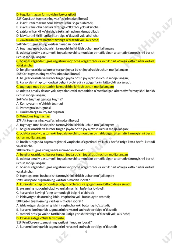 ga mos boshqarish farmoyishini kiritish uchun mo‘ljallangan; b. odatda amaliy dastur yoki foydalanuvchi tomonidan o‘rnatiladigan alternativ farmoyishni berish uchun mo‘ljallangan; c. bosib turilganda tugma registrini vaqtincha o‘zgartiradi va kichik harf o‘rniga katta harfni kiritadi va aksincha; d. belgilar orasida va kursor turgan joyda bo‘sh joy ajratish uchun mo‘ljallangan 25# ctrl tugmasining vazifasi nimadan iborat? a. belgilar orasida va kursor turgan joyda bo‘sh joy ajratish uchun mo‘ljallangan; b. kursordan chap tomondagi belgini o‘chiradi va qolganlarini bitta oldinga suradi; c. tugmaga mos boshqarish farmoyishini kiritish uchun mo‘ljallangan; d. odatda amaliy dastur yoki foydalanuvchi tomonidan o‘rnatiladigan alternativ farmoyishni berish uchun mo‘ljallangan; 26# win tugmasi qanaqa tugma? a. kompyuterni o‘chirish tugmasi b. perezagruzka tugmasi c. qurilmalarga murojaat tugmasi d. windows tugmachasi 27# alt tugmasining vazifasi nimadan iborat? a. tugmaga mos boshqarish farmoyishini kiritish uchun mo‘ljallangan; b. belgilar orasida va kursor turgan joyda bo‘sh joy ajratish uchun mo‘ljallangan; c. odatda amaliy dastur yoki foydalanuvchi tomonidan …