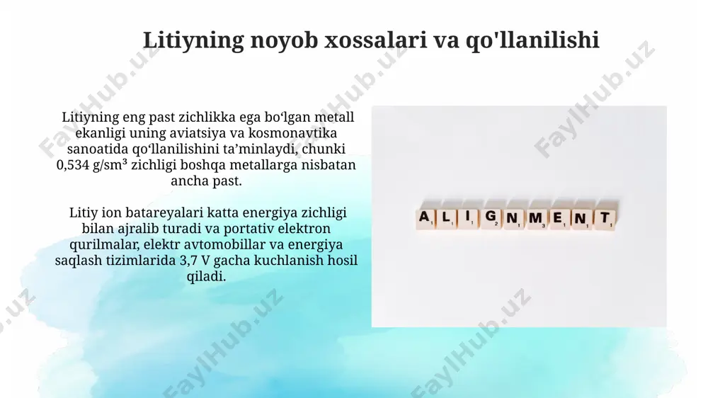 juda yuqori reaksiyaga kirishuvchan boʻlib, ularning valentligi +1 ga teng va elektron konfiguratsiyasi ns¹ bilan ifodalanadi, bu ularning kimyoviy xossalarini belgilaydi. 1-guruh elementlari suv bilan reaksiyaga kirishib, ishqorlar va vodorod gazi hosil qiladi, bu reaksiyaning intensivligi guruhda pastdan yuqoriga qarab ortadi. 1-guruh metallarning muhofazasi va xavfsizligi 1-guruh metallarining yuqori reaksiyaga kirishuvchanligi tufayli, ular bilan ishlashda himoya kiyimlari, xususan, himoya ko'zoynaklari va qo'lqoplaridan foydalanish majburiydir. 2-3% dan ortiq konsentrasiyalarda yong'in xavfi ortadi. 1-guruh metallarining suv bilan reaksiyasi natijasida vujudga keladigan issiqlik miqdori juda yuqori bo'lib, portlash xavfini keltirib chiqarishi mumkin. shuning uchun ularni suvdan uzoq tuting va yong'in söndürücülerni tayyor tuting. rubidiy va seziyning maxsus qo'llanilishi rubidiyning yuqori issiqlik sigʻimi tufayli, u atom soatlarida va aniq vaqt oʻlchovlari kerak boʻladigan boshqa yuqori texnologiyali qurilmalarda qoʻllaniladi, xususan, 87rb izotopi keng qoʻllaniladi. rubidiy va seziyning fotoelektrik xususiyatlari tufayli, ular fotosel va boshqa yorug'likka sezgir qurilmalarda, masalan, 0,1–1 mikroamper oraligʻida oqim hosil qilishda qoʻllaniladi. …