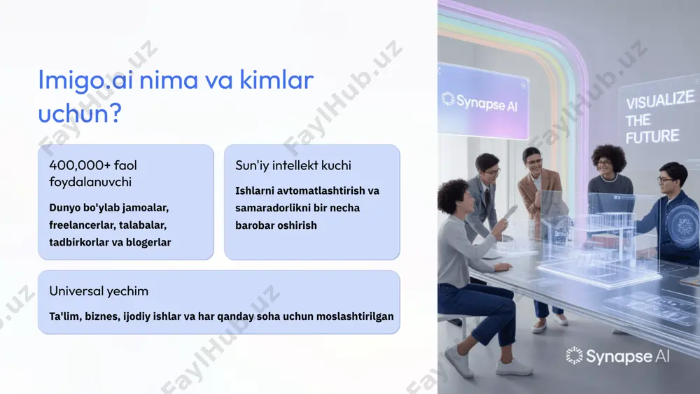 yozish python, javascript va boshqa tillarda yordam xatolarni avtomatik aniqlash kodni optimallashtirish rasm bilan ishlash ai yordamida vizual kontent yaratish va mavjud rasmlarni tahrirlash ai yordamida yaratilgan rasm namunasi imigo.ai yordamida bir necha soniya ichida yaratilgan professional sifatdagi rasm bu rasm to'liq sun'iy intellekt tomonidan yaratilgan bo'lib, professional dizaynerlar darajasidagi sifatga ega imigo.ai ning noyob xususiyatlari 50+ fayl formati pdf, ppt, word, excel, jpg, png va ko'plab boshqa formatlarni qo'llab-quvvatlash ko'p tilli qo'llab-quvvatlash o'zbek, ingliz, rus va 100+ tilda mukammal ishlash imkoniyati professional modeller mutaxassislarning ish uslublarini taqlid qiluvchi maxsus ai profillari imigo.ai foydalanuvchilari uchun foyda 3x ish tezligi jarayonlarni 2-3 barobar tezlashtirish 95% sifat darajasi doimiy va yuqori sifatli natijalar 100% moslashuvchanlik har qanday loyiha uchun individual yondashuv e'tiboringiz uchun rahmat image1.png image2.png image3.png image4.png image5.png image6.png image7.png image8.png image9.png image10.png image11.png image12.png image13.png image14.png image15.png image16.png