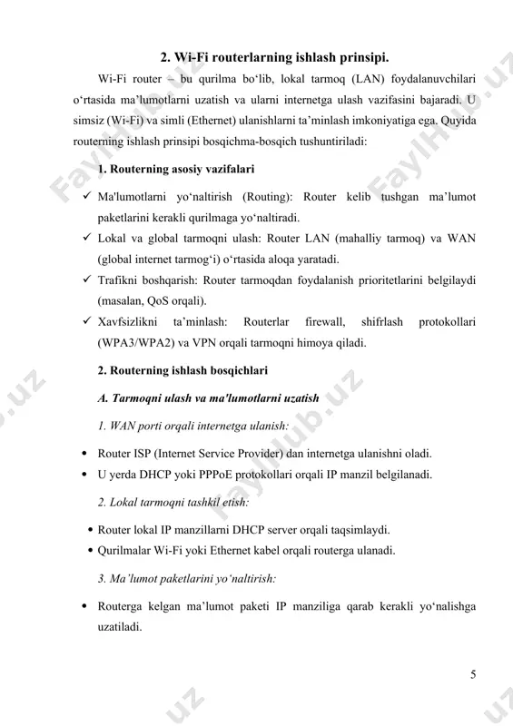 moqda ma'lumot uzatish ustuvorligini boshqarish (masalan, video striming yoki o‘yinlar uchun). · mac-filtrlash: · tarmoqka ulanishga ruxsat beriladigan qurilmalarni tanlash. · port forwarding: · ba'zi xizmatlar uchun ichki tarmoq portlarini tashqi ulanishga ochish (masalan, ip kamera). · parental control: · bolalar uchun nomaqbul kontentni cheklash. 6. firmware yangilanishini tekshirish va yangilash firmware nima? · bu routerning operatsion tizimi bo‘lib, u yangilanib turadi. yangilash uchun: · routerning rasmiy veb-saytiga kirib, modelingiz uchun yangilanishni yuklab oling. · administrator panelidan firmware update bo‘limini toping va yangilanishni yuklang. 7. tarmoq xavfsizligini ta'minlash administrator paneli parolini o‘zgartirish: · standart foydalanuvchi nomi va parolni o‘zgartirish xavfsizlikni oshiradi. ssid ni yashirish (ixtiyoriy): · ssid-ni yashirish orqali tarmog‘ingizni begonalardan himoya qilishingiz mumkin. xavfsizlik devori (firewall): · ba’zi routerlarda ichki xavfsizlik devori mavjud, uni faollashtirishni unutmang. 8. routerni qayta yuklash va sinovdan o‘tkazish · sozlamalarni saqlang va routerni qayta ishga tushiring. · qurilmangizda wi-fi tarmog‘ini topib, ulaning. internetning ishlashini …