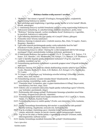 biokimyo fanidan oraliq nazorat-1 savollari. — DOCX