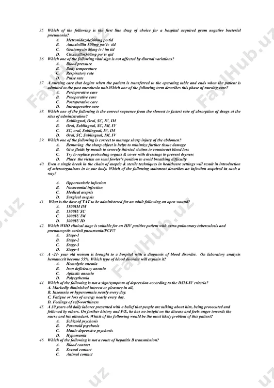 undergone abdominal surgery. after two days, the patient’s internal organs were found protruded through the disrupted wound edge. which of the following term most likely describe this finding? a. keloid b. hematoma c. dehiscence d. evisceration 22. which of the following procedure require strict aseptic technique? a. catheterizationb. retention enema c. cleansing enema d. ngt insertion 23. which of the following ratio describes the correct alcohol to glycerin preparation for hand rub? a. 1 : 100 ml b. 2 : 100 ml c. 100 : 2 ml d. 200 : 1 ml 24. a 35- year- old man brought to a hospital with car accident on his lower leg. on physical examination, he has open fracture on it. what is the preferred method to control bleeding on the site? a. direct pressure b. indirect pressure c. elevation of the affected limb d. apply tourniquet 25. which one of the following …