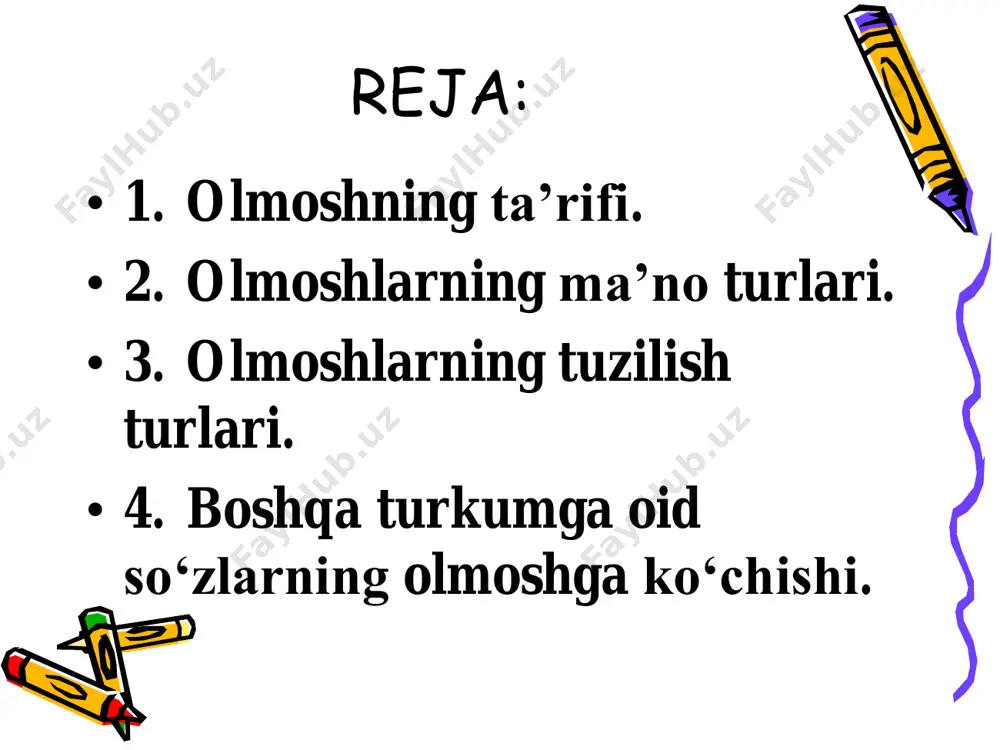 so`roq olmoshlari kim, nima, qayer, qanaqa, nechta, nega belgilash olmoshlari hamma, barcha, bari, shuncha bo`lishliksiz olmoshlari hech kim, hech narsa, hech qaysi gumon olmoshlari kimdir, nimadir,all akim, allaqayer. olmoshlar ma’nosiga ko’ra quyidagi yetti guruhga bo’linadi ko’rsatish olmoshi – u so’rog’i – qaysi? u kirobni siz ham o’qiganmisiz? kishilik olmoshi – u so’rog’i – kim? nima? alisher kitobni o’qidi. u mavzuni o’qiganligi uchun yaxshi gapirib berdi. olmoshlar tuzilishiga ko’ra sodda qo‘shma juft takroriy bo’ladi. olmoshning tuzilishiga turlari faqat bir asosdan iborat bo’lgan olmoshlar sodda,ikki asosdan tashkil topgan olmoshlar qo’shma olmoshlar hisoblanadi boshqa so’zlar, shuningdek, so’z birikmasi va gap o’rnida almashinib qo’llanuvchi, ularga ishora qiluvchi yoki so’roq bildiruvchi so’zlar olmosh hisoblanadi. “baliq skeleti” metodi ta’limiy maqsad: mavzu yuzasidan o`quvchilar bilimini mustahkamlash tarbiyaviy maqsad: mustaqil vatanimizning har bir muvaffaqiyati, istiqlol yo'lida qilinayotgan ishlari bilan faxrlanish va vatanga mehr hissiyotini uyg'otish, har qanday tajovuzkor kimsalardan nafratlanish; rivojlantiruvchi maqsad: so`zlarni tog`ri yozish malakalarini rivojlantirish fanga …