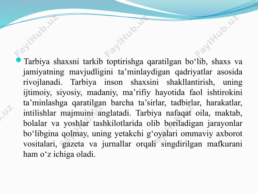 susiyati shundaki, bu jarayon ikki tomonlama xususiyatga ega bo‘lib, unda bolaning o‘zi ham faol ishtirok etadi. tarbiyada qarama-qarshiliklarning ko‘pligi yana bir xususiyatdir. bu qarama-qarshiliklar bolalarda o‘z tushunchalariga muvofiq datslabki paydo bo‘lgan sifatlar bilan tarbiyachi tomonidan tarkib toptirilayotgan sifatlar o‘rtasida, o‘quvchilarga qo‘yilgan talablar bilan uni bajarish imkoniyatlari o‘rtasidagi kurashlarda namoyon bo‘ladi. maktabgacha ta’lim tashkilotlarida qo‘llanadigan tarbiya turlari: tarbiya tamoyillari: tarbiya tamoyillari deb, yosh avlodni tarbiyalash maqsadidan kelib chiqadigan va komil insonni tarbiyalashning mazmuni va yo‘nalishiga qo‘yiladigan eng muhim talablarni belgilab beruvchi asosiy g‘oya va qoidalar yig‘indisiga aytiladi. tarbiya tamoyillari o‘qituvchi va tarbiyalanuvchilarga yo‘l-yo‘riq ko‘rsatuvchi qoidalar bo‘lib, ular yosh avlodni tarbiyalash, barkamol insonni shakllantirish vazifalariga muvofiq belgilanadi, shuningdek, ular shaxs tarbiyasi borasidagi ilg‘or ta’limotlar g‘oyalariga hamda pedagogika fanida erishilgan yutuqlarga asoslanadi. tarbiya tamoyillari tarbiya jarayoni qonuniyatlarini aks ettiradi. tarbiyaviy jarayonda ilg‘or tamoyillarga amal qilinishi tarbiya samarasini ta’minlaydi. tarbiya tamoyillari quyidagilardan iborat: – tarbiyaning maqsadga yo‘naltirilganligi va g‘oyaviyligi; – tarbiyada demokratik va insonparvarlik …