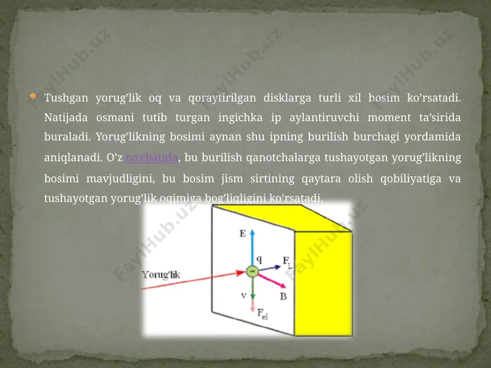 farqini yo‘qotish uchun juda yupqa qanotchalardan foydalanish va ballondagi bosimni keskin kamaytirish kerak, bunda radiometrik ta’sirlarni e’tiborga olmasa ham bo‘ladi. lebedev o‘lchashlari yorug‘lik bosimining maksvell hisoblagan nazariy qiymatlarini 20% aniqlik bilan tasdiqladi. keyinroq 1923 – yilda gerlax tajribalarida olingan natijalar nazariy hisoblashlarda 2% farq borligini ko‘rsatdi. image3.png image4.png image5.png image6.png image7.png image8.png image9.png image10.png image11.png image12.png image13.png image14.png image15.png image16.png image17.png image18.png