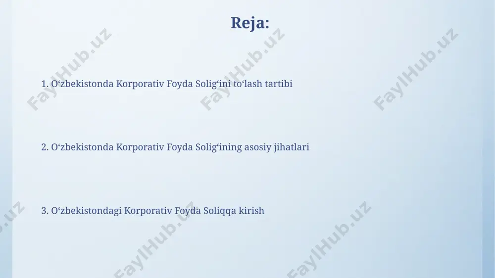 ashtirish andijon viloyatida qishloq xo'jaligi korxonalari uchun soliq stavkalari 10% ga teng bo'lib, davlat tomonidan qo'llab-quvvatlanadigan sektorda foyda ko'rish imkoniyatini yaratadi. kichik biznes sub'ektlariga 2023 yil davomida soliq to'lovlarini 3 oyga kechiktirish imkoniyati berildi, bu esa ularning moliyaviy barqarorligini ta'minlashga yordam beradi. davlat budjetidan korporativ soliqning o'rni korporativ soliqlar, 2023-yilning birinchi choragida, o'zbekiston respublikasi davlat byudjeti daromadlarining taxminan 12% ni tashkil etib, jumladan, xalqaro kompaniyalar hissasini ham o'z ichiga olgan. 2022-yilda o'zbekiston davlat byudjeti daromadlarining 15 foizdan ortig'i korporativ soliqlar hisobidan tushgan bo'lib, bu toshkent shahri va andijon viloyati kabi mintaqalarning byudjetlariga sezilarli hissa qo'shgan. kelajakdagi o'zgarishlar va islohotlar 2024 йилдан бошлаб, тошкент шаҳридаги йирик корхоналар учун корпоратив солиқ ставкасини 15% гача пасайтириш бўйича таклифлар кўриб чиқилмоқда, бу инвестицияларни жалб этишга ёрдам беради. қорақалпоғистон республикаси ва вилоятлардаги кичик ва ўрта бизнес субъектлари учун 2025 йилгача солиқ имтиёзларининг муддати 5 йилга узайтирилиши режалаштирилган. elektron hisobot tizimi elektron hisobot tizimi yordamida 2022-yilda …