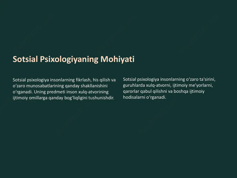 shmovchiliklar, kelishmovchiliklar, qarama- qarshiliklar yoki ziddiyatlar. qarshiliklar https://gamma.app/?utm_source=made-with-gamma komunikatsiya va uning turlari turlari 1 ogʻzaki muloqot soʻzlar yordamida ma'lumot almashishni oʻz almashishni oʻz ichiga oladi. 2 noverbal muloqot soʻzsiz, tananing holati, yuz ifodasi va imo imo- - ishoralar orqali ma'lumot almashishni anglatadi. 3 yozuvli muloqot yozuvli shaklda ma'lumot almashishni oʻz ichiga oʻz ichiga oladi. https://gamma.app/?utm_source=made-with-gamma qarorlar qabul qilish jarayonlari 1 muammo aniqlash qaror qabul qilish zarurati boʻlgan muammoni aniqlash. 2 variantlarni ishlab chiqish muammoni hal qilish uchun turli xil variantlarni taklif qilish. 3 variantlarni baholash variantlarning ijobiy va salbiy tomonlarini tahlil qilish. 4 qaror qabul qilish eng maqbul deb topilgan variantni tanlash. 5 amalga oshirish qarorlarni amalga oshirish va natijalarini kuzatish. https://gamma.app/?utm_source=made-with-gamma liderlik va uning turlari 1 avtoritar lider barcha qarorlarni oʻzi qabul qiladi va guruh a'zolariga buyruq beradi. 2 demokratik lider guruh a'zolarining fikrlarini tinglaydi va ular bilan birgalikda qaror qabul qiladi. qiladi. 3 liberal lider guruh a'zolariga mustaqil …