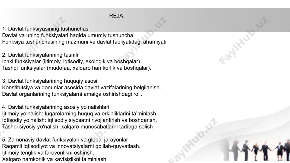 diy, ekologik va boshqalar). tashqi funksiyalar (mudofaa, xalqaro hamkorlik va boshqalar). 3. davlat funksiyalarining huquqiy asosi konstitutsiya va qonunlar asosida davlat vazifalarining belgilanishi. davlat organlarining funksiyalarni amalga oshirishdagi roli. 4. davlat funksiyalarining asosiy yo‘nalishlari ijtimoiy yo‘nalish: fuqarolarning huquq va erkinliklarini ta’minlash. iqtisodiy yo‘nalish: iqtisodiy siyosatni rivojlantirish va boshqarish. 5. zamonaviy davlat funksiyalari va global jarayonlar raqamli iqtisodiyot va innovatsiyalarni qo‘llab-quvvatlash. ijtimoiy tenglik va farovonlikni oshirish. 6. davlat funksiyalarining amalga oshirilish usullari va vositalari qonunchilik, ijroiya va sud hokimiyati orqali. demokratik institutlar va fuqarolik jamiyati bilan hamkorlikda. 02 ichki funksiyalar (ijtimoiy, iqtisodiy, ekologik va boshqalar). tashqi funksiyalar (mudofaa, xalqaro hamkorlik va boshqalar). 2. davlat funksiyalarining tasnifi 01 davlat va uning funksiyalari haqida umumiy tushuncha. funksiya tushunchasining mazmuni va davlat faoliyatidagi ahamiyati 1. davlat funksiyasining tushunchasi 04 ijtimoiy yo‘nalish: fuqarolarning huquq va erkinliklarini ta’minlash. iqtisodiy yo‘nalish: iqtisodiy siyosatni rivojlantirish va boshqarish. 4. davlat funksiyalarining asosiy yo‘nalishlari 03 konstitutsiya va qonunlar asosida davlat …