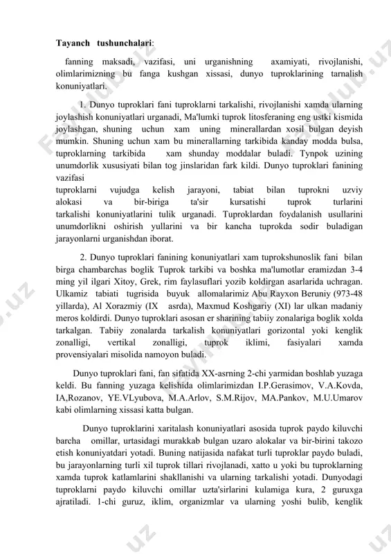 u.umarov kabi olimlarning xissasi katta bulgan. dunyo tuproklarini xaritalash konuniyatlari asosida tuprok paydo kiluvchi barcha omillar, urtasidagi murakkab bulgan uzaro alokalar va bir-birini takozo etish konuniyatdari yotadi. buning natijasida nafakat turli tuproklar paydo buladi, bu jarayonlarning turli xil tuprok tillari rivojlanadi, xatto u yoki bu tuproklarning xamda tuprok katlamlarini shakllanishi va ularning tarkalishi yotadi. dunyodagi tuproklarni paydo kiluvchi omillar uzta'sirlarini kulamiga kura, 2 guruxga ajratiladi. 1-chi guruz, iklim, organizmlar va ularning yoshi bulib, kenglik mikyosida kuruklikning katta kismlariga ta'sir kiluvchi omillardir. 2-chi gurux, relef, mikroiklim, ona jins va iison faoliyati bulib, bu tuprok tipini ichidagi kichik taksonomik birliklar ya'ni tuprok tipchalari, turlari va xillari kabilarni paydo bulishida asosiy rol uynaydigan omillardir. tuproklarni gorizontal zonallik tarkalish xakidagi ta'limot v.v.dokuchaev va uning safdoshlari tomonidan ishlab chikarilgan yirik ilmiy yutuklaridan biridir. m.d.x xududining tekislik kismida shimoldan janubga tomon kuyidagi 7 ta gorizontal tuprok zonalari tarkalgan bulib, ular bioiklim zonalariga mos keladi. 1. artika …
