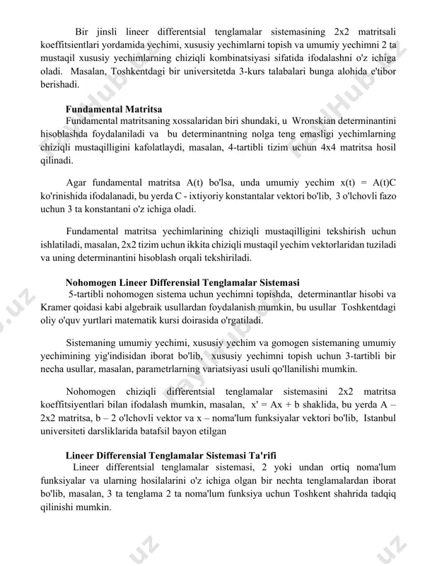 va umumiy yechimni 2 ta mustaqil xususiy yechimlarning chiziqli kombinatsiyasi sifatida ifodalashni o'z ichiga oladi. masalan, toshkentdagi bir universitetda 3-kurs talabalari bunga alohida e'tibor berishadi. fundamental matritsa fundamental matritsaning xossalaridan biri shundaki, u wronskian determinantini hisoblashda foydalaniladi va bu determinantning nolga teng emasligi yechimlarning chiziqli mustaqilligini kafolatlaydi, masalan, 4-tartibli tizim uchun 4x4 matritsa hosil qilinadi. agar fundamental matritsa a(t) bo'lsa, unda umumiy yechim x(t) = a(t)c ko'rinishida ifodalanadi, bu yerda c - ixtiyoriy konstantalar vektori bo'lib, 3 o'lchovli fazo uchun 3 ta konstantani o'z ichiga oladi. fundamental matritsa yechimlarining chiziqli mustaqilligini tekshirish uchun ishlatiladi, masalan, 2x2 tizim uchun ikkita chiziqli mustaqil yechim vektorlaridan tuziladi va uning determinantini hisoblash orqali tekshiriladi. nohomogen lineer differensial tenglamalar sistemasi 5-tartibli nohomogen sistema uchun yechimni topishda, determinantlar hisobi va kramer qoidasi kabi algebraik usullardan foydalanish mumkin, bu usullar toshkentdagi oliy o'quv yurtlari matematik kursi doirasida o'rgatiladi. sistemaning umumiy yechimi, xususiy yechim va gomogen sistemaning umumiy …