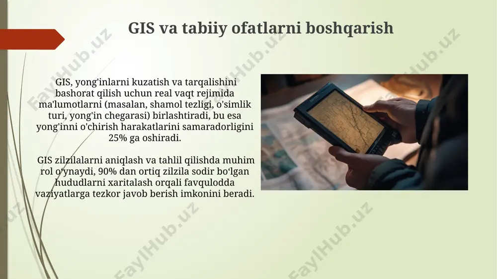 gis texnologiyalari bozor hajmi 100 milliard dollardan oshib, 3d modellashtirish va sun'iy intellekt integratsiyasi bilan tez rivojlanadi. kartografiya va gis o‘zbekiston hududining gis asosida yaratilgan xaritalari 1:50 000 masshtabda, yuqori aniqlikdagi topografik va tematik ma’lumotlarni o‘z ichiga oladi. “kartografiya va gis” kursi davomida talabalar 2d va 3d ma’lumotlarni qayta ishlash, tahlil qilish va vizualizatsiya qilish bo‘yicha 10 dan ortiq amaliy mashg’ulotlarni bajaradilar. geoma'lumotlarni tahlil qilish usullari geoma'lumotlarni tahlil qilishda 3d model yaratish orqali 1000 dan ortiq ob'ektlarni fazoviy munosabatlarini aniqlash va vizualizatsiya qilish imkoniyati mavjud, bu esa murakkab muammolarni hal qilishda yordam beradi. geostatistika usullaridan foydalanib, 20 ta burg'ilash nuqtasining ma'lumotlari asosida yer osti suvining sifati parametrlarini (masalan, ph, o'tkazuvchanlik) xaritada tasvirlash va interpolatsiya qilish mumkin. e'tiboringiz uchun rahmat @taqdimot_robot image1.jpg image2.jpg image3.jpg image4.jpg image5.jpg image6.jpg image7.jpg image8.jpg image9.jpg image10.jpg image11.jpg image12.jpg image13.jpg image14.jpg image15.jpg image16.jpg image17.jpg