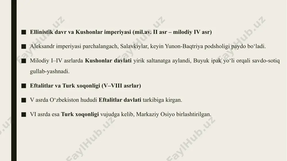 lib, o‘zbekiston hududida yangi siyosiy sahifa ochildi. o‘zbekistonning eng qadimgi davrdan xvi asrgacha bo‘lgan davlatchilik tarixi bosqichma-bosqich yirik o‘zgarishlar bilan kechdi. qadimiy qabilaviy uyushmalardan boshlab, markazlashgan davlatlargacha bo‘lgan taraqqiyot jarayonida turli sulolalar hukmronlik qildi. bu davrda shakllangan siyosiy, iqtisodiy va madaniy meros bugungi o‘zbek davlatchiligining poydevorini tashkil etadi. xulosa xulosa qilib aytganda, o‘zbekiston hududi eng qadimgi davrlardan boshlab yirik sivilizatsiyalar chorrahasi bo‘lib kelgan. so‘g‘diyona, baqtriya, xorazm kabi qadimiy davlatlardan tortib, somoniylar, qoraxoniylar, xorazmshohlar, temuriylar va shayboniylargacha bo‘lgan jarayonlarda mamlakat siyosiy va madaniy jihatdan boy tajriba orttirgan. har bir davr o‘ziga xos ravishda davlat boshqaruvi tizimi, iqtisodiy rivojlanish, ilm-fan va madaniyat taraqqiyotiga hissa qo‘shgan. qadimgi davrda shakllangan davlatlilik an’analari keyingi asrlarda ham davom etib, o‘zbek xalqining milliy o‘ziga xosligini, siyosiy madaniyatini va mustaqillik g‘oyalarini shakllantirishda asosiy omil bo‘lgan. xvi asrgacha bo‘lgan davr esa o‘zbekiston davlatchilik tarixining muhim poydevorini tashkil etgan. image1.jpeg image2.jpeg image3.jpeg image4.jpeg image5.jpeg itchan,kala,city,walls.,itchan,or,ichan,kala,is,an central,historical,square,in,front,of,khan,palace,konya,ark,