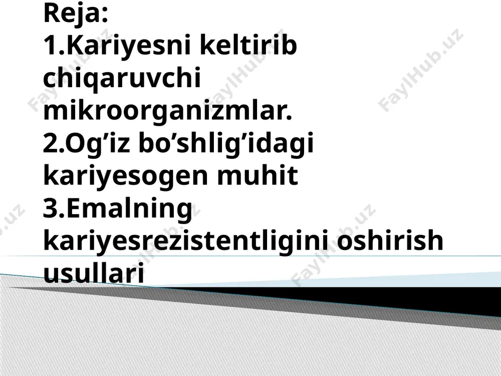 streptococcus salivarius streptococcus sanguis lactobacillus acidophilus lactobacillus casei actinomyces viscosua fusobacterium periodonticum veilonella spp. peptococcus spp. prevotella melaninogenicus treponema pallidum булардан асосан 4 та бактерия сабабчи омил булиши мумкин -streptococcus mutans -streptococcus salivarius -staphylococcus aureus -streptococcus sanguis кариес чакирувчи бактериялар кариес чакирувчи str. mutans колониялари микроорганизм таркиби нормал биологик плёнка кариес кавагида 1% 40-50% сарик билан курсатилган соха тиш караши устида кариес хосил килувчи бактериядар колонияси кариес касаллигини келиб чиқишида нафақат углеводлар тури, балки уларни истеъмол шакли ҳам алохида ўрин тутаркан. бир марта кўп миқдорда углеводли овқат қабул қилишдан кўра оз-оздан тез-тез уларни истеъмол қилиш кўпроқ хавфлидир. айниқса улар ѐпишқоқ бўлиб, овқатланишлар орасида истеъмол қилинса, бунда уларнинг кариесоген таъсири кучлироқ бўлади. енгил парчаланувчи: глюкоза, сахароза каби кичик молекуляр оғирликдаги углеводлар қабули 1-3 минут ичида рн кўрсаткични 4.4-5.0 даражага пасайтиради. рн ни одатдаги (7.0-7.4) ҳолга келиши учун эса 2-2.5 соат вақт талаб қилинади. водород ионлари конценрациясини бундай ўзгариши, айниқса рн кўрсаткичнинг …