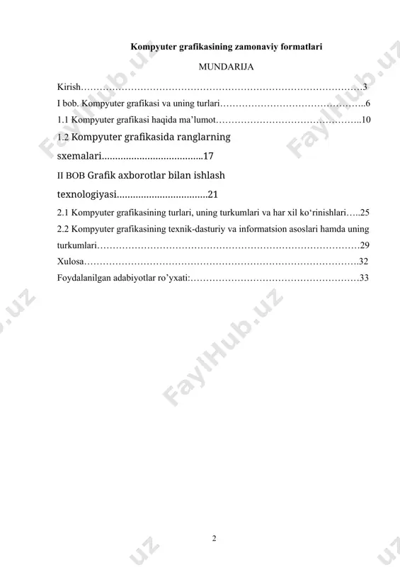 shning kalitlaridan biridir. kurs ishining maqsadi: grafik muharrirlar haqida gapirganda, avvalambor shuni ta'kidlash kerakki, barcha raqamli tasvirlar vektor va nuqta bo'linadi. birinchi holda, rasmlar turli geometrik elementlardan yoki ibtidoiylardan (segmentlar, uchburchaklar, to'rtburchaklar yoki doiralar) qurilgan. shuning uchun, vektorli grafika hech qanday geometrik buzilishlarsiz tasvir shkalasini boshqarishni osonlashtiradi, shuning uchun u shriftlarni, chizilgan rasmlarni yaratish, dizayn va nashr etishda keng qo'llaniladi. masalan, vektorli tasvirlarni qayta ishlash uchun juda mashhur muharrir adobe illustrator dasturi bo'lib, u nashriyotda ko'pincha gazeta, jurnal va kitoblar uchun qo'lda chizilgan rasmlarni chop etishga tayyorlash uchun ishlatiladi. ammo men faqat bitta dasturni ko'rib chiqish va ularning bir nechta turlarini tasvirlash bilan cheklanib qolmayman. zamonaviy kompyuter texnologiyasida kompyuter grafikasi bilan ishlash eng ommabop yo’nalishlardan biri bo’lib bormoqda. hozirda bu yo’nalish bilan hatto professional rassom va dizaynerlar ham shug’ullanmoqda. kompyuter grafikasi— grafik displey (monitor) ekranida tasviriy informatsiyani vizuallash („koʻrinadigan“ qilish). tasvirni qogʻozda, fotoplyonkada, kinolenta va boshqalarda aks ettirish usulidan farqli …