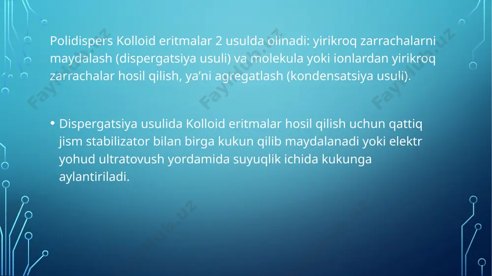 shisha va kristallarga. yorug’likni qaytarish va sindirish mikrogeterogen sistemalarda kuzatiladi. kolloid dispers va dag’al dispers sistemalar yorug’lik nuri bilan yoritilganda, dispers faza zarrachalari tushayotgan yorug’lik nurni yoyib yuboradi agar jismga tushayotgan nurning to’lqin uzunligi jism zarrachalarining o’lchamlariga qaraganda ancha kichik bo’lsa, yorug’lik jismdan qaytadi. kolloid sistemalar yorug’lik nurlarni tarqatadilar. dispers sistemadan intensiv yorug’lik nuri o’tkazib, sistemaga yorug’lik nuri yo’nalishiga nisbatan biror burchak bilan qaraganida sistema ichida yorug’ konusni ko’ramiz. bu hodisani avval m.faradey (1857), so’ngra tindal’ tekshirgan (1869). shuning uchun bu hodisa faradey-tindal’ effekti deb ataladi. faradey-tindal’ effektini ko’rish uchun to’rt qirrali shisha idishga (kyuvetaga) dispers sistema solinadi-da qora parda oldiga quyilib proyeksion fonar bilan yoritiladi dispers sistemalarning optik xossalarini o’rganish natijasida kolloidlarning tuzilishi, kolloid zarrachalarning o’lchamlari, ularning shakli va kolloid eritma konsentratsiyasiga oid masalalar yoritib boradi. ayniqsa kolloidlarning optik xossalari bilan ularning molekulyar-kinetik xossalarini birgalikda tekshirish ajoyib samaralarga olib keladi. e’tiboringiz uchun rahmat. image2.png image3.jpeg image4.jpeg image5.jpeg /docprops/thumbnail.jpeg