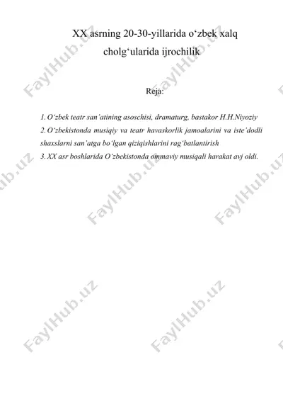 xx asrning 20-30-yillarida o‘zbek xalq cholg‘ularida ijrochilik — DOC