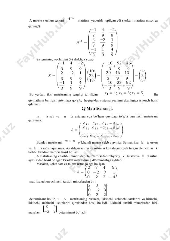 satrlaridan uning mos ravishda 3 va 5 ga ko`paytirilgan birinchi satrlarini ayirib, ushbu matritsani hosil qilamiz. (satrlarni (ustunlarni) ayirish deganda bu satrlarning (ustunlarning) tegishli elementlarini ayirish ko`zda tutiladi). matritsaning uchinchi satridan 3 ga ko`paytirilgan ikkinchi satrini ayirib, matritsani hosil qilamiz. matritsada nollardan iborat satrni tashlab yuborib, matritsani hosil qilamiz, uning rangi 2 ga tengligi ravshan. demak, berilgan matritsaning rangi ham 2 ga teng. _1331450554.unknown _1331450555.unknown _1331450552.unknown