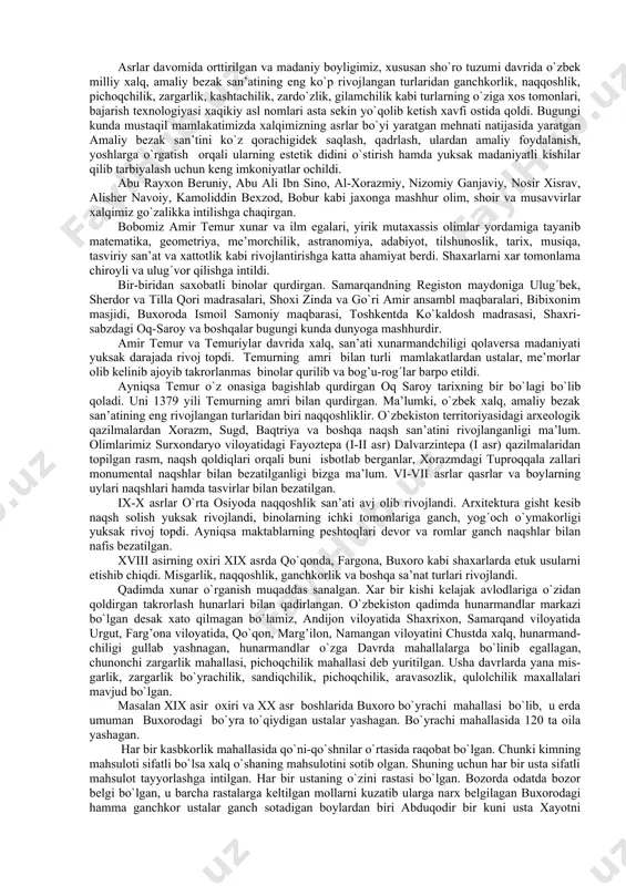 a» kabi asarlarida mehnat qilish asosida ijtimoiy-tarbiyaviy qarashlari o`z ifodasini topgan. farobiy ta’lim-tarbiyasining asosiy vazifasi jamiyatning talablariga javob bera oladigan shu jamiyat uchun xizmat qiladigan etuk insonni tarbiyalashdan iborat deb biladi. u ta’lim tarbiyaga uchinchi bo`lib ta’rif bergan olim. ta’lim degan so`z insonga o`qitish, tushuntirish asosida nazariy bilim berish; tarbiya-ta’limining nazariy fazilatini ma’lum hunarni egallash uchun zarur bo`lgan xulq normalarini va amaliy malakalarini o`rgatishdir, deydi olim. farobiy fikricha, er yuzida faqat inson bilish qobilyatiga ega. haqiqatni bilish esa, insonning tabiiy rivojlanish holatidan biridir, deydi. ta’lim-tarbiya jarayonini amalga oshirishda farobiy ikki usuldan foydalanishni tavsiya qiladi. agar tarbiyalanuvchi bilim olishga ishtiyoqi zo`r bo`lsa, unga «yumshoq usul»ni ya’ni xoxish bo`lmasa «qattiq usul»ni qo`llash joyiz, deydi.beruniy esa bilimlarni egallash yo`llari, usullari haqida fikrlari hozirgi davr uchun ham dolzarbdir. ta’lim berish jarayonida talabani zeriktirmaslik, bir xil fanni o`tavermaslik, uzviylik, izchillik, mavzularini qiziqarli asoslab, ko`rgazmali bayon etish kerakligini uqtiradi. bilim olishda tushunib o`rganishga ilmiy tadqiqotchining ma’naviy …