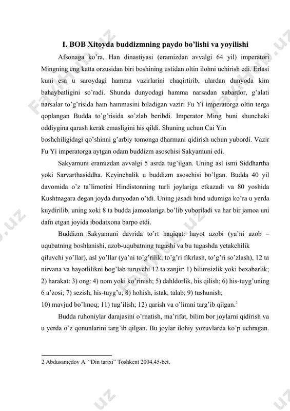 ar sektaning bo’linib kelishiga olib kelsa ham ular buddizm ustida ishlashda yordam berib yuborishdi. eramizdan avvalgi 271 – yilda qadimgi hindistonning maurya avlodining uchinchi qiroli asoka buddizmni yoyilishiga katta kuch tashladi. u nafaqat buddizmni yoyish uchun maxsus guruh va tashkilotlar tuzdi, balki buddizmga xos inshoat ya’ni pagodalarni ham qurdirdi. shu orqali butun dunyoga buddizmni yoyishga harakat qildi. buddizm avval quyidagi davlatlarga yoyilgan: shri lanka, myanmar, shimoliy pokiston, afg’oniston. kushon sulolasi (50-300) davrida odamlar ko’chmanchilarga o’xshab yashashgan.[footnoteref:3] [3: gong li “history of pagodas” china 2008.p 58. ] sakyamunining tajribasi 4 asosiy toifaga bo’linadi. ulardan biri tug’ilishdir. uning “500 yoki 550” oldingi g’oyalaridan keyin, u oxir oqibat u tushita osmonida tug’ilib, bodhisattva holatiga yetishdi va osmondan oq fil ko’rinishida tushdi. yer yuzidagi eng oqila ayol – maya uni ikkinchi oyning 8-kunida lumbini daraxti tagida og’riqsiz dunyoga keltirdi. shunday qilib lumbini daraxti buddaviylar uchun muqaddas joyga aylangan. uning ikkinchi tajribasi fikrning oydinlashuvi. shahzoda …