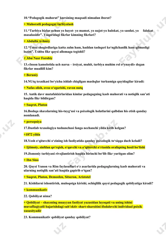 ’rsatilgan + o’qituvchi faoliyatining maqsadi; o’qituvchi faoliyatining ob’ekti va sub’ekti; o’qituvchi faoliyatining vositasi 9.pedagogik mahorat – pedagogik jarayonni bilish, uni tashkil eta olish, harakatga keltira olish, pedagogik jarayonning yuqori samaradorligini belgilovchi shaxsning ish sifati va xususiyatlari sintezidir. ta’rif muallifini toping + n.n.azizxo’jaeva 10.“pedagogik mahorat” kursining maqsadi nimadan iborat? + mahoratli pedagogni tarbiyalash 11.“tarbiya bizlar uchun yo hayot- yo mamot, yo najot-yo halokat, yo saodat, yo falokat masalasidir”. yuqoridagi fikrlar kimning fikrlari? + abdulla avloniy 12.“ustoz shogirdlariga katta zulm ham, haddan tashqari ko‘ngilchanlik ham qilmasligi lozim”. ushbu fikr qaysi allomaga tegishli? + abu nasr forobiy 13.«inson kamolotida uch narsa – irsiyat, muhit, tarbiya muhim rol o‘ynaydi» degan fikrlar muallifi kim? + beruniy 14.nutq texnikasi bo‘yicha ishlab chiqilgan mashqlar turkumiga quyidagilar kiradi: + nafas olish, ovoz o‘zgarishi, ravon nutq 15. antik davr mutafakkirlaridan kimlar pedagogning kasb mahorati va notiqlik san’ati haqida fikr bildirgan? + suqrot, platon 16.boshqa shaxslarning his-tuyg‘usi va psixologik holatlarini …