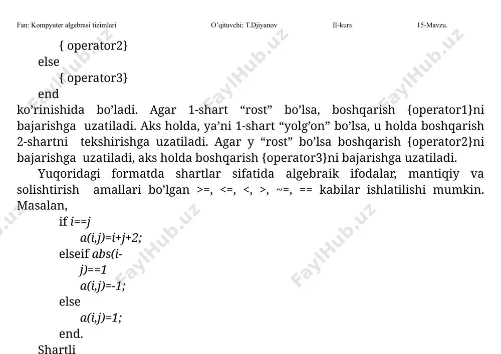 rtal fan: kompyuter algebrasi tizimlari o’qituvchi: t.djiyanov ii-kurs 15-mavzu. >> ym(15) xato >> 3.tanlash operatorlari matlabda ko’rsatilgan operatorlar ketma-ketligini ma’lum marta takrorlab bajarish uchun for…end operatoridan foydalaniladi. uning formati quyidagicha: for = operator operator end sikl qobig’ini tashkil qiluvchi operatorlar ketma-ketligi nig boshlang’ich qiymat x0 dan boshlab h qadam bilan oxirgi qiymati xn gacha bo’lgan qiymatlarida bajariladi. agar qadam h berilmasa, tizim uni avtomatik tarzda 1 deb hisoblaydi. misollar: 1) for i=1:10 for j=1:10 a(i,j)=1/(i+j-1); fan: kompyuter algebrasi tizimlari o’qituvchi: t.djiyanov ii-kurs 15-mavzu. end end bu dastur ishlashi natijasida (10x10) o’lchovli gilbert matrisasi hosil qilinadi. 2) for i=0:2:10 y(i)=x(i)*sin(x(i))+1/(x(i)+1); end sikl operator while…end ning umumiy ko’rinishi quyidagicha bo’lib, operator qobig’idagi komandalar ketma-ketlgi noma’lum sonda (shart bajarilguncha) qaytariladi: while {operatorlar} end bunda {operatorlar} ketma-ketligi “yolg’on” qiymat qabul qilguncha takror bajarilaveradi, xuddi shartli operator if dagi kabi solishtirish amallari orqali aniqlangan bo’lishi kerak. masalan, quyidagicha i=2; x(1)=10; x(2)=11; while abs(x(i)-x(i-1))>=0.001 fan: kompyuter …