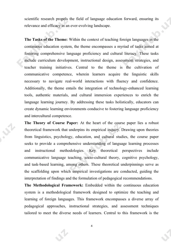 and cultural studies, the course paper seeks to provide a comprehensive understanding of language learning processes and instructional methodologies. key theoretical perspectives include communicative language teaching, socio-cultural theory, cognitive psychology, and task-based learning, among others. these theoretical underpinnings serve as the scaffolding upon which empirical investigations are conducted, guiding the interpretation of findings and the formulation of pedagogical recommendations. the methodological framework: embedded within the continuous education system is a methodological framework designed to optimize the teaching and learning of foreign languages. this framework encompasses a diverse array of pedagogical approaches, instructional strategies, and assessment techniques tailored to meet the diverse needs of learners. central to this framework is the principle of communicative language teaching, wherein language is taught as a tool for real-life communication rather than as a subject of study in isolation. chapter 1: digital platforms and software 1.1. interactive language learning apps. interactive language learning apps represent …