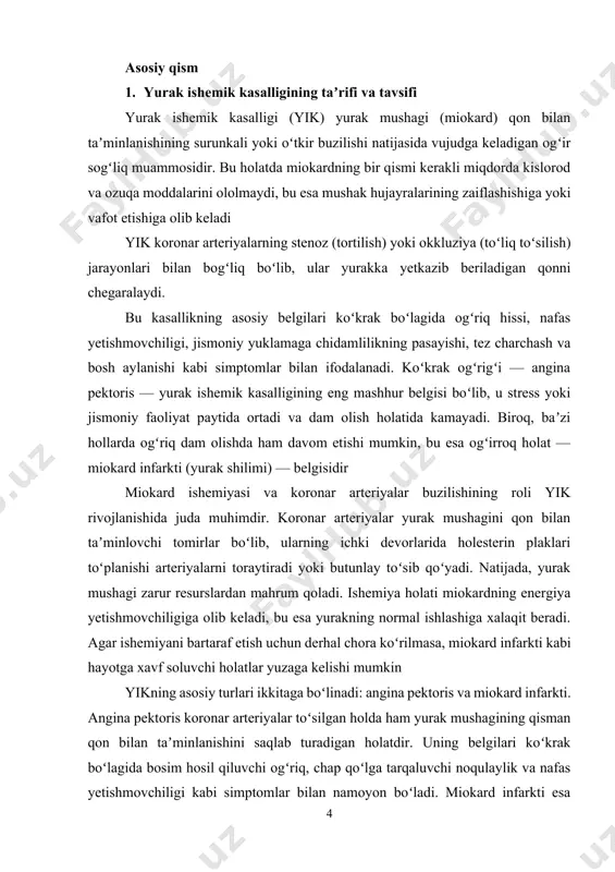 ta’siri yoki ba’zi dorilarning ta’siri natijasida rivojlanishi mumkin. bunday holatlar tez-tez qisqa muddatli angina pektoris (ko‘krak og‘rig‘i) belgilarini keltirib chiqaradi 2. yurak ishemik kasalligining sabablari va risk omillari yurak ishemik kasalligining risk omillari yurak ishemik kasalligining vujudga kelishiga olib keluvchi risk omillari ikki guruhga bo‘linadi: noqulay turmush tarzi bilan bog‘liq omillar va irsiy/genetik omillar. har bir guruhning alohida roli bor. no salomat ovozli hayot tarzi no salomat ovozli hayot tarzi — bu yikning eng muhim risk omillaridan biri hisoblanadi. jismoniy inaktivlik, sog‘insiz ovqatlanish va stress kabi omillar yurak-qon tomir sistemasini zaiflashtiradi va kasallikning rivojlanishiga sabab bo‘ladi. jismoniy inaktivlik — bu zamonaviy dunyoda keng tarqalgan muammo. odam tanasining doimiy harakatsizligi yurak mushaklarining sustlashishiga va metabolizm buzilishiga olib keladi. bundan tashqari, jismoniy faoliyatning kamayishi vazn ortishiga va metabolik sindromga sabab bo‘ladi, bu esa yana bir qator kasalliklarni, jumladan, arterial gipertenziya va diabetni chaqirib chiqaradi sog‘insiz ovqatlanish ham yurak ishemik kasalligining katta risk …