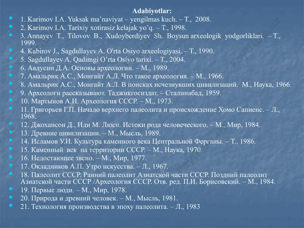’rinda turuvchi qadimgi manzilgoh - sent ashel tolpiladi. bu yerdan juda ko’plab toshdan qilingan “boltalar” topiladi (800 ga yaqin). ular ustida 25 yil davomida tadqiqot ishlarini olib boragan arxeolog rigollo ularni soxta emasligini tasdiqlaydi. keyinchalik shell (fransiya), ispaniyaning dordon departamentida solyutre va mustye manzilgohlarining topilishi tosh davri qurollarining yasalish uslubi va texnikasini o’rganishga yo’l ochib berdi. 1868 yilda shimoliy ispaniyada altamir g’oridagi qoyatosh suratlari ovchilar tomonidan topiladi va arxeolog savtuola tomonidan o’rganiladi. bunga o’xshash qoyatosh suratlari dordondagi la-mut g’orida arxeolog emil river tomonidan o’rganiladi. o’rta osiyoda paleolit davrining o’rganilish tarixi 1938 yildan boshlanadi. bu yilda a.p. okladnikov tomonidan teshiktosh g’ori topiladi va mustye davri madaniyati hamda neandertal tipga mansub odam suyaklari topiladi. natijada o’rta osiyoning boshqa hududlarida ham paleolit davriga oid yodgorliklarini topib o’rganish imkoniyati paydo bo’ldi. paleolit davri yodgorliklarida d.n. lev, b.a. ranov, m.m. gerasimov, r.h. suleymanov, m.r. qosimov, n.x.toshkanboyev, o’.i. islomovlar tomonidan tadqiqotlar olib bordilar. olimlarning ilmiy farazlariga …