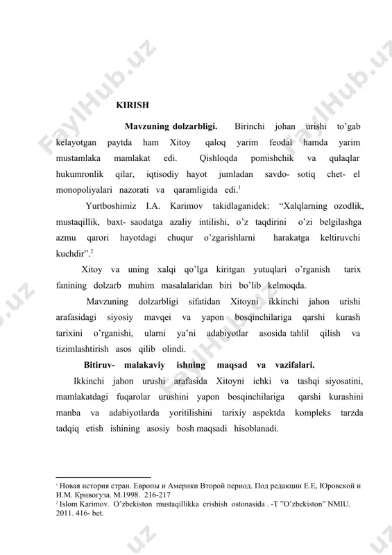 respublikasi prezidenti i.a. karimovning asarlari, ma’ruza va nutqlarida ilgari surilgan ilmiy - nazariy ko’rsatmalari, tarixiy shaxslar va qadimiy shaharlarning yubeley tantanalarida so’zlagan nutqlari muhim ahamiyat kasb etadi. bitiruv malakaviy ishning to’zilishi. ish kirish ikki bob, to’rt fasl, xulosa, foydalaniigan adabiyotlar ro’yhatadan iborat. bmi ning umumiy hajmi ____ betni tashkil etadi. i.bob: xitoyda birinchi fuqoralar urushi. i.1.shimol yurisidagi g’alaba birinchi jahon urushi davrida yaponiya imperializmi anfuistik militaristlarga tayanib markaziy pekin hukumatini o’z kontroli ostiga olib , xitoyni o’ziga buysundirishga qaratilgan birqanch tadbirlarni amalga oshirdi. xolbuki, amerika imperealistlari amerika nuqtai nazarini tarqatish hamda yaponiya militarist davlatiga qarshi chiqish uchun bir vaqtlar aqshda o’qigan xitoy intellegentsiyasidan foydalandi.birinchi jahon urushi tamom bo’lgandan so’ng aqsh angliya bilan birlashib yaponiyaning xitoyni butunlay bosib olish planiga qarshi chiqdi. shuning uchun ham yaponiya xitoyda o’z ta’sirini kengaytirish ishlarini bir qancha vaqtlarcha to’xtatib turishga majbur bo’ldi, natijada amerika angiliya tarafdori bo’lgan chjili militaristlar to’dasi esa o’z tasirini kuchaytirdi. vatanparvarlik …