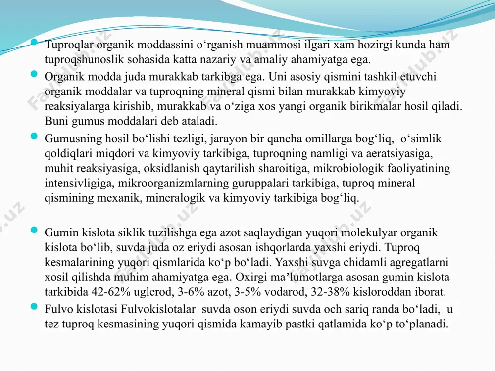 g. qolaversa, tuproqdagi o‘simlik ildizlari сo2 ni hosil qiladi va bu сo2 bir qismi o‘z og‘irligiga ko‘ra tuproq g‘ovakliklarida qoladi. сo2 ning tuproq tarkibidagi, tuproq eritmasi tarkibidagi miqdorlari eng avvalo bosim, namlik, haroratga bog‘liq. masalan: 20 gradusda bir hajm suvda 0,9 hajm 100 g suvda 0,17 сo2 eriydi va hokazo. odatda nisbatan past harorat va yuqori bosimda co2 suvda yaxshi eriydi, yaʼni co↔c. bunda hosil bo‘lgan ko‘mir kislotasi 2 asosli bo‘lib, uning ionizatsiya konstantasi: tuproqda сo2 miqdori 10 % atrofida bo‘lib, ph=5-5.5 bo‘lsa, bunday vaziyatda tuproqda ishqorlarning to‘planishi, ph=4.5-5 bo‘lsa, yaʼni kamaysa kislota hosil bo‘lish sharoitlarini kuzatish mumkin. ko‘mir kislotasining tuzlari hisoblangan karbonatlar va bikarbonatlar ko‘pchilik tuproqlarda mavjud bo‘lib, har xil shaklda bo‘ladi. masalan, tayganing yuvuvchi suv rejimiga ega bo‘lgan tuproqlarda karbonatlar qoldiqlarini oz bo‘lsada ko‘rish mumkin, yaʼni karbonatli jinslar ustida hosil bo‘lgan tuproqlardagina ko‘rish mumkin. qoldiq karbonatlar rendzinlarga xos. qayir tuproqlari karbonatlarga boy bo‘ladi. qattiq sizot suvlari, chiqib turadigan …