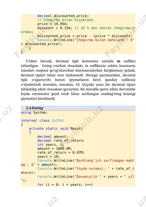 ing firstname = "eshonqulov erali"; console.writeline("fish: {0} ", firstname); console.writeline("fish {0} belgidan iborat.", firstname.length); // uzunlikni aniqlash console.writeline("fish yuqori registrda:", firstname.toupper()); // yuqori regsitrga o'tkazish console.writeline("fish quyi registrda: {0}", firstname.tolower()); // quyi registrga o'tkazish console.writeline("fishda a harfi bormi : {0}", firstname.contains("a")); // satrdan izlash console.writeline("fishda harfni alamshtirish: {0}", firstname.replace("ov", "ova")); //satrni almashtirish console.read(); } } } yuqoridagi misollarda biz oldindan aniqlangan matnlar bilan ishladik. quyidagi dasturda esa matnni klaviatura orqali kiritish jarayoni keltirib o’tilgan (24-listing). 2.6-listing using system; namespace app5 { internal class program { public static void main(string[] args) { // klaviaturadan satrni kiritish console.writeline("satrni kiriting va ni bosing: >"); string s = console.readline(); console.writeline("{0}", s); } } } matnni kiritish jarayonida matn kiritilgandan so’ng, tugmasi bosilishi bilan jarayon to’xtaydi yoki boshqa matnni kiritilishi so’raladi. bu jarayonni boshqa usul bilan ham to’xtatish mumkinmi? buning yana bir usullaridan biri – to’xtatishni klaviaturadagi biror simvolga yoki simvollar guruhiga bog’lab qo’yishdan iborat. …