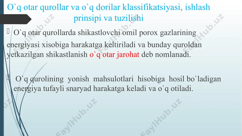 bo`lmagan qismini o`q yordamida o`yilishidan to`qima defekti hosil bo`ladi va buning borligi kirish teshiigning eng asosiy belgisi hisoblanadi. u tipik kirish teshigida epidermis va teri dermasi yo`qligi bilan xarakterlanib, yumaloq yoki biroz ovalsimon bo`lishi ko`rsatilgan chiqish teshigi chiqish teshigining shakl turlichadir. ko`pchilik hollarda unda to`qima defekti bo`lmaydi kirish teshigiga nisbatan o`lchami kattaroq chiqish teshigi atrofida o`qning gidrodinamik ta`siri sezilib turadi agar o`q deformatsiyaga uchragan bo`lsa,tanadan boshi bilan chiqayotganda kinetic energiyasi kichik bo`lgani uchun chiqish teshigi ancha katta o`lchamli ,ko`pincha yoriqsimon ,ba`zan yumaloq shaklda bo`ladi. jarohatlarda kirish va chiqish teshiklarining hosil bo`lishi: a- kirish yarasi b- chiqish yarasi 1- teri 2- yumshoq to`qima 3- o`q yara kanali to`g`ri yoki yoysimon shaklda bo`lishi mumkin. yoysimon kanallar o`qni qattiq to`qimalarga urilishidan yoki jarohatlanish paytida odam alohida holatda bo`lganida yuzaga keladi agar o`q har xil to`qima va organlar orqali o`tishda yara kanali tekshirilganda uziluvchan holatda bo`ladi. o`qning o`lchami ,tezligi, harakat xarakteri va tana to`qimalrining, …