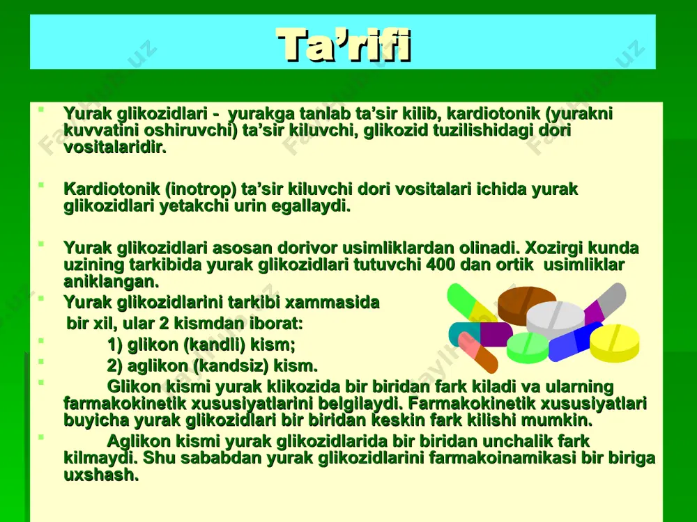 rmakodinamikasi (farmakodinamik effektlari) yg asosiy farmakodinamik effektlari – musbat inotrop, manfiy dromo va xronotrop effektlardir. musbat batmotrop ta’sir fakat subtoksik va toksik dozalardagina namoyon bo‘ladi. yg musbat inotrop ta’siri miokard qisqarishi kuchini va tezligini ortishi bilan namoyon buladi. buning natijasida qisqaruvchanlik kuchayadi, zarbli va minutlik xajm ortadi. yg manfiy dromotrop ta’siri bulmacha-qorincha tugunini refrakterligini ortishi bilan namoyon bo‘ladi, shu sababdan xam bu preparatlar supraventrikulyar taxikardiya va taxiaritmiyalar paroksizmida kullaniladi. yg manfiy xronotrop ta’siri sinus tuginini avtomatizmini pasayishi xisobiga yurak qisqarishlar sonini kamayishi bilan namoyon buladi. yg farmakokinetikasi yurak glikozidlari т1/2 soat oksil bilan boglanishi% absorbsiyasi % ta’siri kummulyatsiya ta’sirini boshlagishi maksimal ta’siri digitoksin 168-192 90 – 97 90 – 100 2-3 соат 8-12 соат +++ atsetildigitoksin 24-25 25 50 – 80 3-4 соат 6-9 соат ++ digoksin 30-40 20 – 40 30 – 80 1,5-3 соат 4-6 соат ++ sellanid 28-36 20 – 25 20 – 60 1,5-3 соат 4-6 …