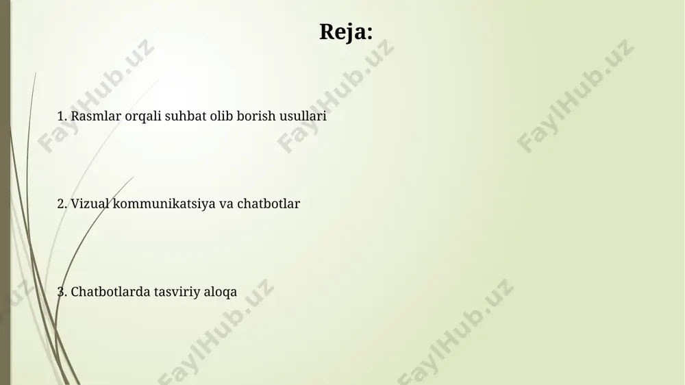 i, bu esa foydalanuvchi qoniqishini oshiradi va konversiya stavkalarini yaxshilaydi. chatbot interfeysida ishlatiladigan yuqori sifatli rasmlar ux/ui dizaynining muhim tarkibiy qismi bo'lib, saytning umumiy evaluatsiyasini 30% ga oshirishi mumkin. e'tiboringiz uchun rahmat @taqdimot_robot image1.jpg image2.jpg image3.jpg image4.jpg image5.jpg