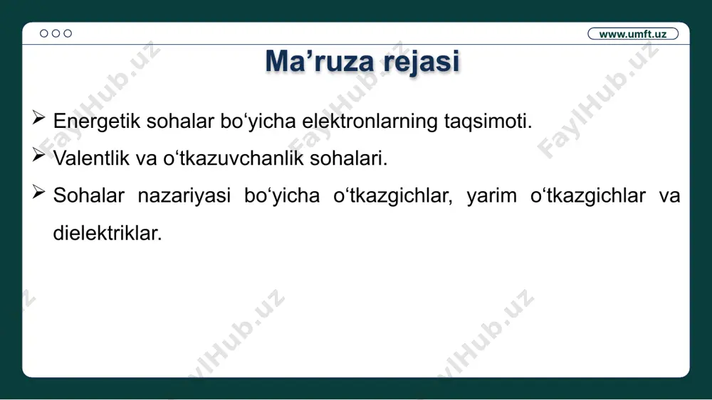 nan 1 ev atrofida bo‘ladi. www.umft.uz sohalar nazariyasi metallar, yarim o‘tkazgichlar va dielektriklarning turli xarakterdagi elektr o‘tkazuvchanligini tushuntirib beradi. metall yarim o‘tkazgich dielektrik www.umft.uz metallning sohaviy chizmasi erkin soha taqiqlangan soha o‘tkazuvchanlik sohasi metall www.umft.uz metallarda elektronlar valent sohani qisman to‘ldiradilar. yuqori sathlarda joylashgan elektronlarga ev tartibidagi energiya uzatilganda, ularni yana yuqori sathlarga o‘tkazish mumkin bo‘ladi. 1k dagi issiqlik harakati energiyasi tahminan ev tartibda bo‘ladi. shu sababli, 0 dan farqli temperaturalarda elektronlarning bir qismi yana ham yuqori sathlarga o‘ta boshlaydilar. metallarga tashqi elektr maydoni qo‘yilganda elektronlarni yana yuqoriroq energetik sathlarga o‘tkazish mumkin bo‘ladi. www.umft.uz o‘tkazuvchanlik sohasi valent sohasi o‘ yarim o‘tkazgichning sohaviy chizmasi www.umft.uz 0 k da valent sohasi elektronlar bilan butunlay to‘lgan, taqiqlangan sohasi kengligi juda katta bo‘lmagan kristall moddalar yarim o‘tkazgichlar deb ataladi. rasmda valent soha elektronlar bilan butunlay to‘lganligi ko‘rinib turubidi. elektronlarni o‘tkazuvchanlik sohasiga ko‘chirish uchun ularga eg taqiqlangan soha kengligidan kam bo‘lmagan energiya uzatish kerak. yarim …
