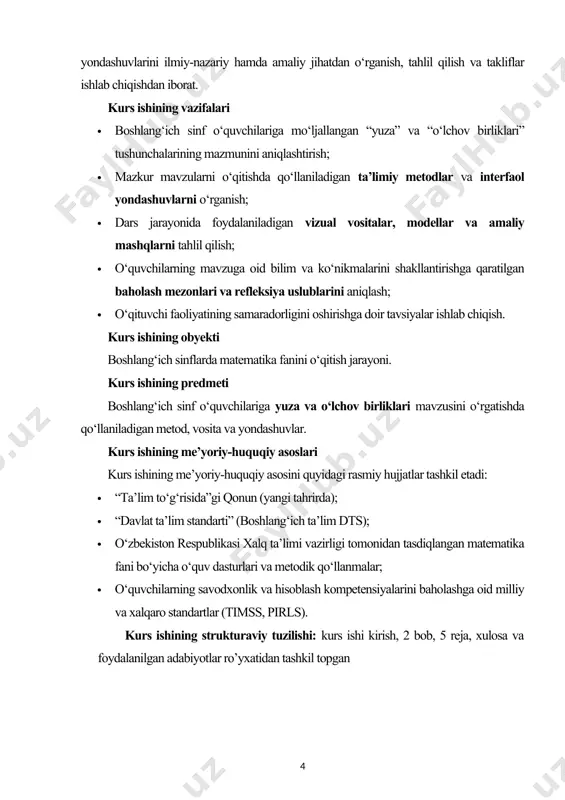 soslari kurs ishining me’yoriy-huquqiy asosini quyidagi rasmiy hujjatlar tashkil etadi: · “ta’lim to‘g‘risida”gi qonun (yangi tahrirda); · “davlat ta’lim standarti” (boshlang‘ich ta’lim dts); · o‘zbekiston respublikasi xalq ta’limi vazirligi tomonidan tasdiqlangan matematika fani bo‘yicha o‘quv dasturlari va metodik qo‘llanmalar; · o‘quvchilarning savodxonlik va hisoblash kompetensiyalarini baholashga oid milliy va xalqaro standartlar (timss, pirls). kurs ishining strukturaviy tuzilishi: kurs ishi kirish, 2 bob, 5 reja, xulosa va foydalanilgan adabiyotlar ro’yxatidan tashkil topgan i.bob boshlang`ich sinflarda matematik tushinchalarni shakllantirish metodikasi 1.1 boshlang`ich sinflarda matematik tushinchalar o`rgatish. boshlang‘ich sinflar dasturida matematik material bilan uzviy bog‘liqlikda turli kichik hisob-kitob ishlarini o‘rganish nazarda tutiladi. bularsiz tabiatni, borliq olamni o‘rganish mumkin emas. matematik hossalarda turli obyektlarning va dunyodagi turlicha ko`rinish xossalari aks etgan. boshlang‘ich maktabda bolalarga uzunlik, yuza, sig‘im, massa, vaqt haqida dastlabki tasavvurlar beriladi. har bir miqdorni o‘rganish uslubiyotining o‘ziga xos hususiyatlari mavjud bo‘lsada, biroq narsa yoki hodisaning hossalarini o‘rganishga umumiy yondashish miqdorlarni o‘rganishning umumiy …