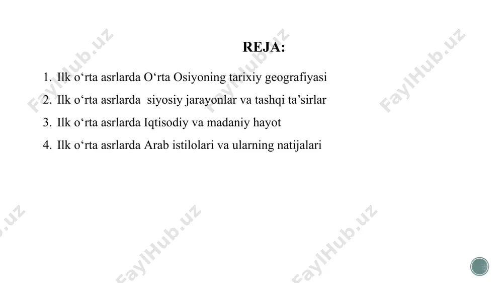 vlatining shakllanishi yangi siyosiy tizimning asosini yaratdi. xalqaro savdo yo‘llari, ayniqsa buyuk ipak yo‘li rivojlanib, o‘rta osiyo shaharlarining iqtisodiy ahamiyati ortdi. bu jarayon mintaqadagi siyosiy va madaniy aloqalarning mustahkamlanishiga xizmat qildi. eron-sosoniylar va turk xoqonligi ta’siri ilk o‘rta asrlarda o‘rta osiyo eron-sosoniylar va turk xoqonligi ta’sir doirasida bo‘ldi. sosoniylar vi asrda amudaryoning janubiy hududlariga yurish qilib, baqtriya va xorazm ustidan nazorat o‘rnatishga harakat qildi. biroq, turk xoqonligi vii asr boshlarida mintaqaga kirib kelib, sosoniylar bilan raqobatga kirdi va mahalliy hokimiyatlar bilan siyosiy aloqalar o‘rnatdi. bu jarayon o‘rta osiyo xalqlarining madaniy hayotiga ham katta ta’sir ko‘rsatdi. zardushtiylik va buddizm keng tarqalgan bo‘lsa-da, turkiy an’analar ham mahalliy madaniyatga singdi. savdo va hunarmandchilik rivojlanib, shaharlarning ijtimoiy-iqtisodiy hayoti yanada jonlandi. sug‘d va xorazm davlatlari ilk o‘rta asrlarda sug‘d va xorazm mintaqaning eng muhim siyosiy va iqtisodiy markazlaridan biri bo‘lib, o‘ziga xos madaniy rivojlanish yo‘liga ega edi. sug‘d davlati buyuk ipak yo‘lining muhim bo‘g‘ini sifatida …