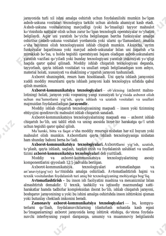 balki to‘liq emas) tabiiy (fizik, kimiyoviy, biologik) jarayonlar yoki mazkur soha mutaxassislarining ilmiy izlanishlari natijasida to‘plangan tajribani aks ettiruvchi ayrim qonuniyatlar tashkil etishi mumkin. odatda muayyan bir texnologiya, usullar va prinsiplarni belgilovchi butun majmuaga tayanadi. bu majmua elementlarining ahamiyati ham turlicha. ulardan biri ishlab chiqarishning texnik jihatlarini, ikkinchisi ishning iqtisodiy tomonini, boshqa biri tashkiliy tuzilmani belgilaydi. uslublar va prinsiplarning turlicha roli ularning texnologiya tuzilmasiga nisbatan ta’siri har xil bo‘lishini keltirib chiqaradi. ba’zan ayrim uslub yoki prinsiplarning ishlab chiqarishga nisbatan ta’siri hisobga olinmasligi mumkin. uslub va prinsiplar ishlab chiqarishning oxirigi jarayonidagi mahsulotni olishni belgilab beradi. ushbu mahsulotni olishga erishish uchun, ishni kim va qanday bajarish davomiyligi aniq belgilangan bo‘ladi. mahsulotni yaratish jarayonida turli xil ishni amalga oshirish uchun foydalanilishi mumkin bo‘lgan asbob-uskuna vositalari texnologiya tarkibi uchun alohida ahamiyat kasb etadi. asbob-uskuna vositalarining mavjudligi (yoki bo‘lmasligi) tayyor mahsulot ko‘rinishida natijalar olish uchun zarur bo‘lgan texnologik operatsiyalar ro‘yhatini belgilaydi. agar uni yaratish bo‘yicha …