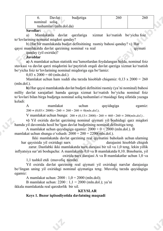 ) 200 200 3. narx darajasi (yil boshida) 1,0 1,0 4. inflyatsiyaning yillik sur’ati 0,0 0,1 5. davlat qarzi bo‘yicha nominal foiz stavkasi 0,03 0,13 6. davlat budjetiga nominal soliq tushumlari (mln.dol.da) 260 260 savollar: a) mamlakatda davlat qarzlariga xizmat ko‘rsatish bo‘yicha foiz to‘lovlarining nominal miqdori qanday? b) har bir mamlakatda budjet defitsitining rasmiy bahosi qanday? v) har qaysi mamlakatda davlat qarzining nominal va real qiymati qanday (yil oxirida)? javoblar a) a mamlakat uchun statistik ma’lumotlardan foydalangan holda, nominal foiz stavkasi va davlat qarzi miqdorini ko‘paytirish orqali davlat qarziga xizmat ko‘rsatish bo‘yicha foiz to‘lovlarining nominal miqdoriga ega bo‘lamiz: 0,03 x 2000 = 60 (mln.dol.) mamlakat uchun ham xuddi shu tarzda hisoblab chiqamiz: 0,13 x 2000 = 260 (mln.dol.). b) har qaysi mamlakatda davlat budjeti defitsitini rasmiy (ya’ni nominal) bahosi milliy davlat xarajatlari hamda qarzga xizmat ko‘rsatish bo‘yicha nominal foiz to‘lovlari bilan birga budjetga nominal soliq tushumlari o‘rtasidagi farq sifatida yuzaga …