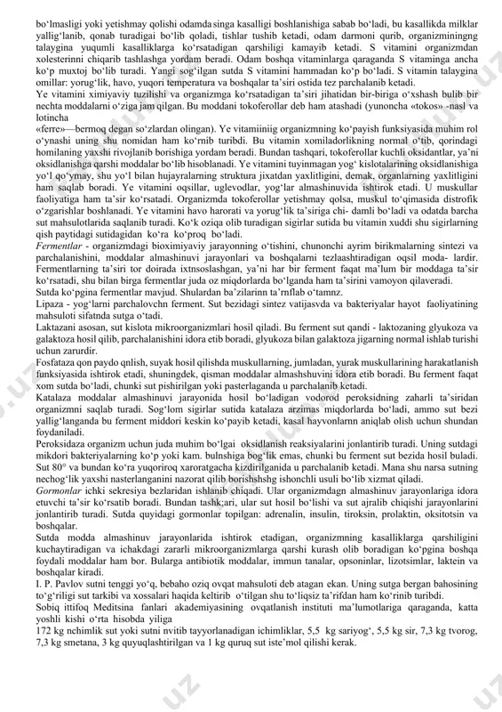 sog‘likni saqlash vazirligi ma’lumotlariga qaraganda, 98% ni tashkil etadi. mineral moddalar. sutdati mineral moddalar qatoriga tom ma’nosi bilan aytganda, d. i. mendeleev davriy jadvalidagi barcha elementlar kiradi. sutda kalsiy, kaliy, magniy, natriy, temir tuzlari, nitrat, fosfat va xlorid kislota tuzlari xamda boshqa bir qancha moddalar bor. ularning barchaei sutda oson singiydigan bo‘ladi. bironta ham taom organizmga sutchalik yaxshi kalsiy bermaydi. fosfor to‘g‘risida ham shuni aytsv bo‘ladi. sutdagi tuzlar tarkibining muhim xususiyati shuki, unda ayrim elementlar inson uchun eng maqbul nnsbatda bo‘ladi. bundan tashqari, sutning uzi singiydigan kalsiy beruvchi a’lo darajali manba bo‘lishdan tashqari, sut boshqa mahsulotlarda - don, sabzavot, mevalarda bo‘ladigan kalsiyning o‘zlashtirnlishini kuchaytira oladi, ham. temir sutda nisbatan kamroq bo‘ladi. yuqorida aytib o‘tilgan tuzlardan tashqari sutda, garchi arzimas miqdorda bo‘lsa ham, ko‘pgina boshqa tuzlar bor. kobalt, mis, rux, marganes, ftor, brom, yod, mishyak, kremniy, bor, vanadiy mikroelementlari va boshqalar shular jumlasidandir. bu mikroelementlar nihoyat darajada kam bo‘lishiga qaramasdan, ular …