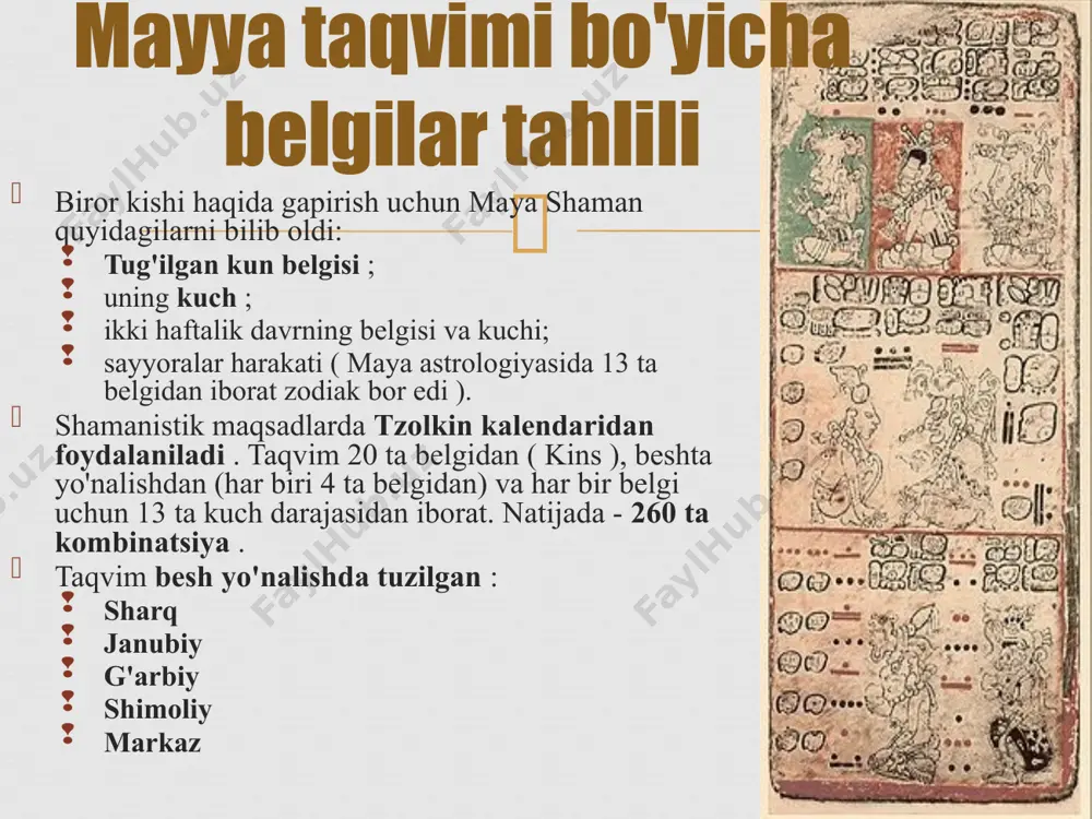 klning oxirgi kuni ( ahau ) 13 raqamiga to'g'ri kelganda tugallangan deb hisoblanadi . 1 - imish (1 ); 1 - xish (14); 2 - erkaklar (15); 3 - kib (16); 4 - cho'chqa (17); 5 - etsnab (18); 6 - kavak (19); 7 - ohau (20 ). 8 - imish (1); 9 - ik (2); 10 - akbal (3) va boshqalar. tzolkin kalendarining boshlanishi 2008 yilda tzolkinning ikkita boshlanishi bor : 2008 yil 9 aprel ; 2008 yil 25 dekabr . tzolkinning bir boshlanishi bor : 2009 yil 11 sentyabr . 2010: 2010 yil 29 may . 2011: 2011 yil 13 fevral ; 2011 yil 31 oktyabr . 2012 yil: 2012 yil 17 iyul . haab taqvimi mayya fuqarolik kalendar. bu 365 kundan iborat quyosh taqvimi edi.  haab taqvimi oylarining zamonaviy kalendarga mos kelishi (2008 yil martidan 2012 yil fevraligacha bo'lgan davr uchun to'g'ri) 1 pop: 3 aprel …